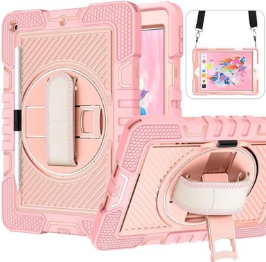 NIKCORP Robusna zaštitna maska za iPad 9/8/7 10,2" s rotirajućim stalkom držačem za ruku i naramenicom, ružičasta